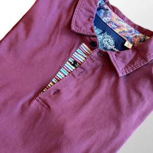 Robert Graham Polo Shirt Large Maroon Multicolored Striped Collar 100% Cotton‎
